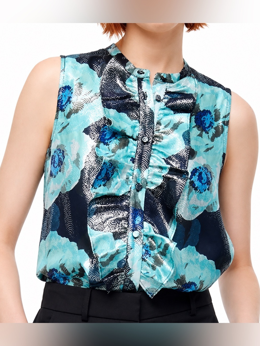 J Crew ruffle front metallic floral top, XS